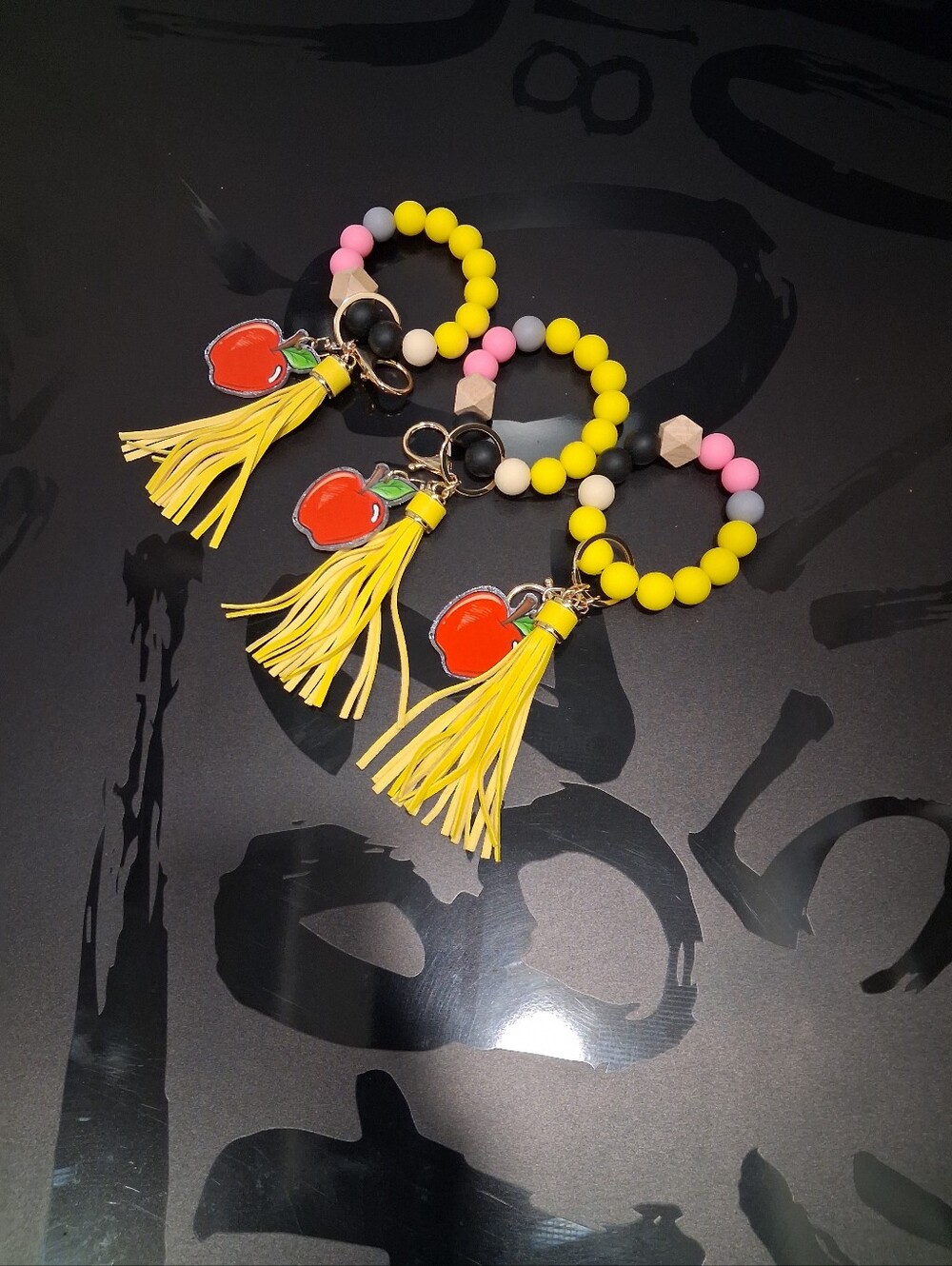Yellow Beaded Tassel Keyring with Red Apple Charm - Unbranded